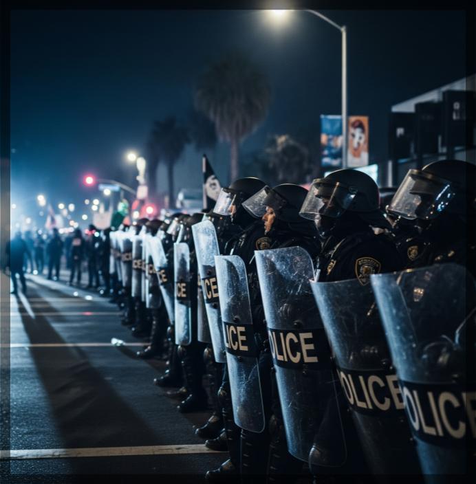 Riot police stand ready