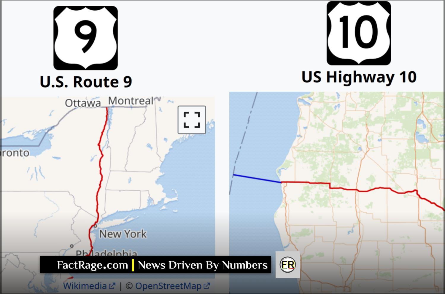 Two major American highways, US Route 9 and US Route 10, are uniquely interrupted by large bodies of water, requiring travelers to continue their journey by ferry